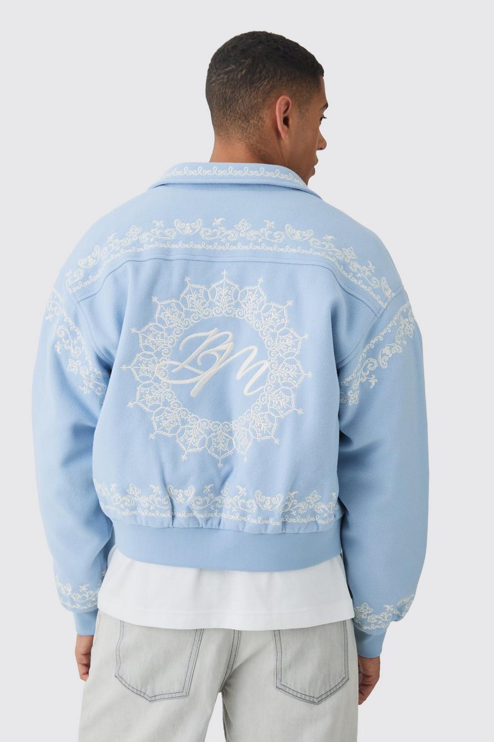 Boxy Bm Embroidered Collared Bomber Jacket In Blue