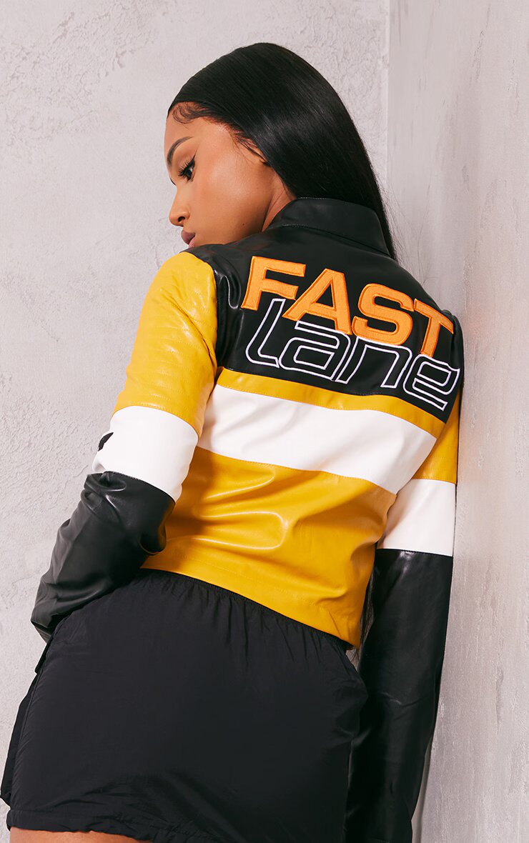 Yellow Graphic Back Fitted Faux Leather Racer Jacket