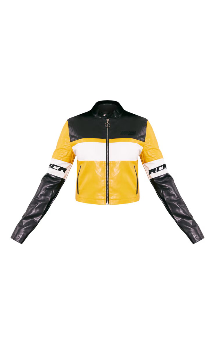 Yellow Graphic Back Fitted Faux Leather Racer Jacket