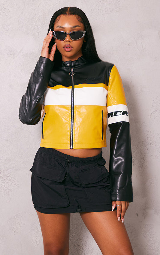 Yellow Graphic Back Fitted Faux Leather Racer Jacket