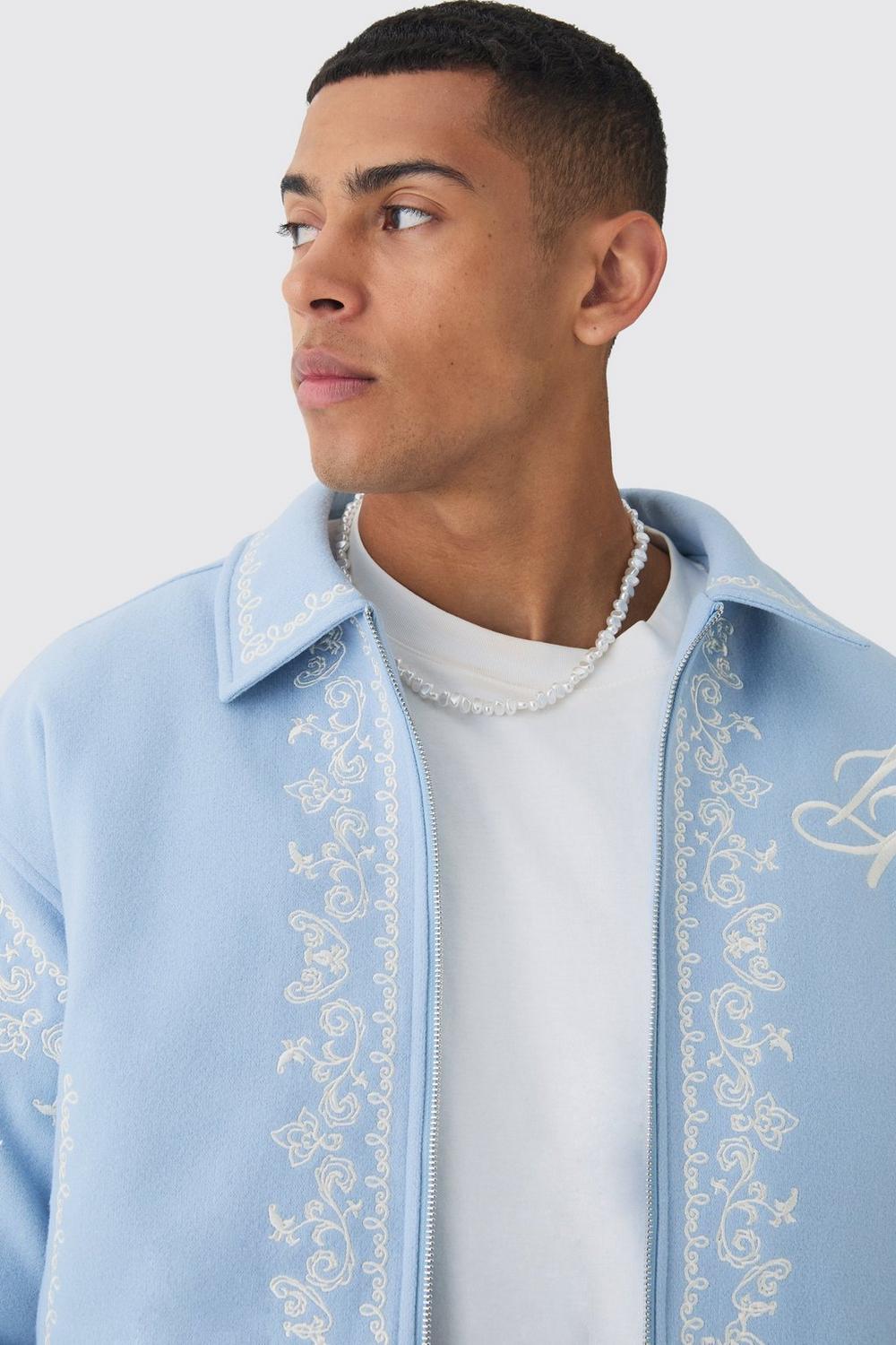 Boxy Bm Embroidered Collared Bomber Jacket In Blue