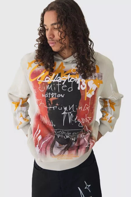 Oversized Graffiti Over Seams Graphic Print Hoodie