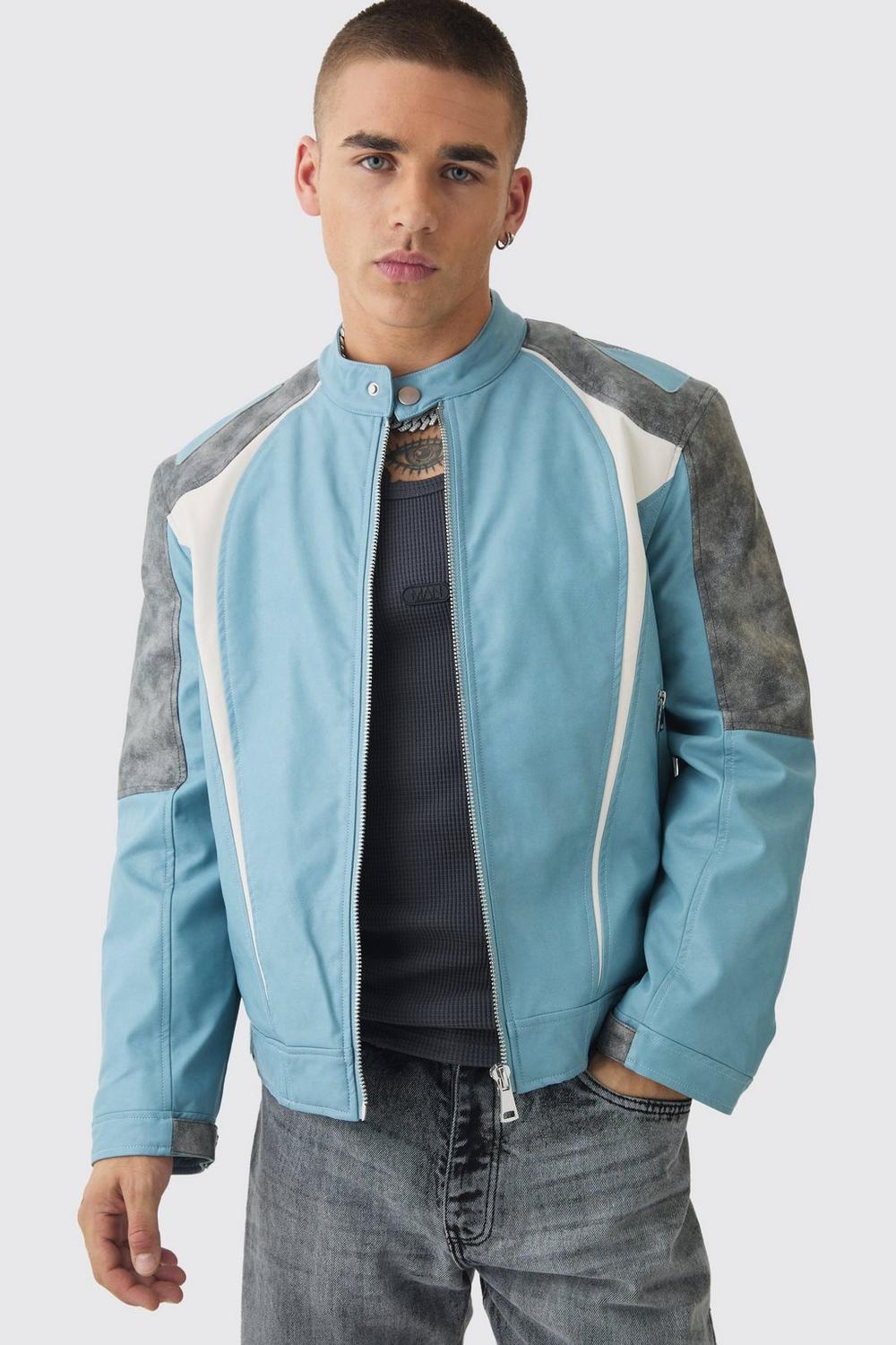 Washed Pu Panel Moto Jacket In Blue